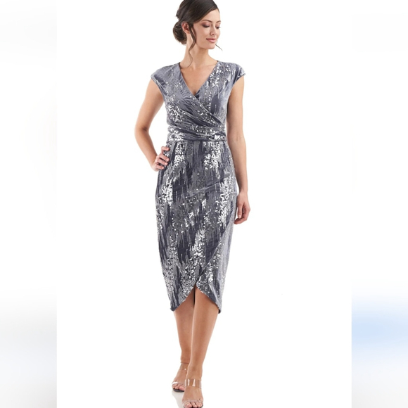 JS Collections Dresses & Skirts - JS Collections Velvet Faux Wrap Dress Sequin Gray Cocktail Holiday Sparkly